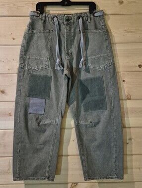 We The Free Olive Green Moxie Barrel Distressed Patchwork Pants Size 30x27